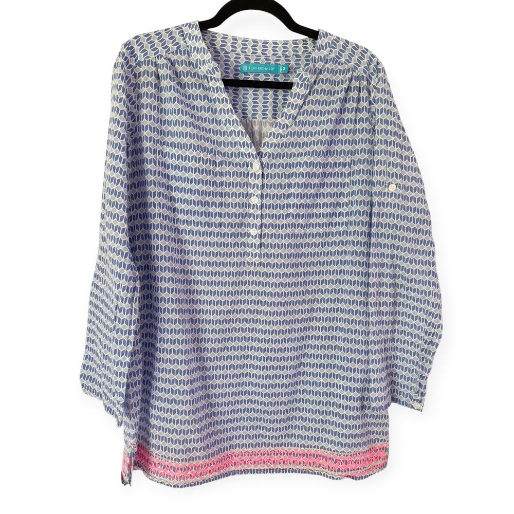 Tori Richard Blue Geo Print 100% Cotton Tunic Top Medium Resort Beach Preppy
